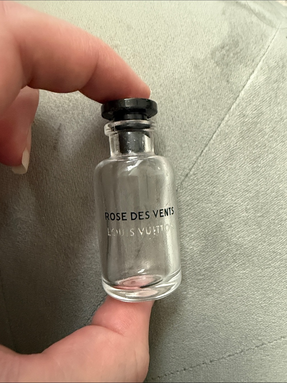 Empty Louis Vuitton Clear Glass Rose des Vents Mini Bottle with Black Cap
